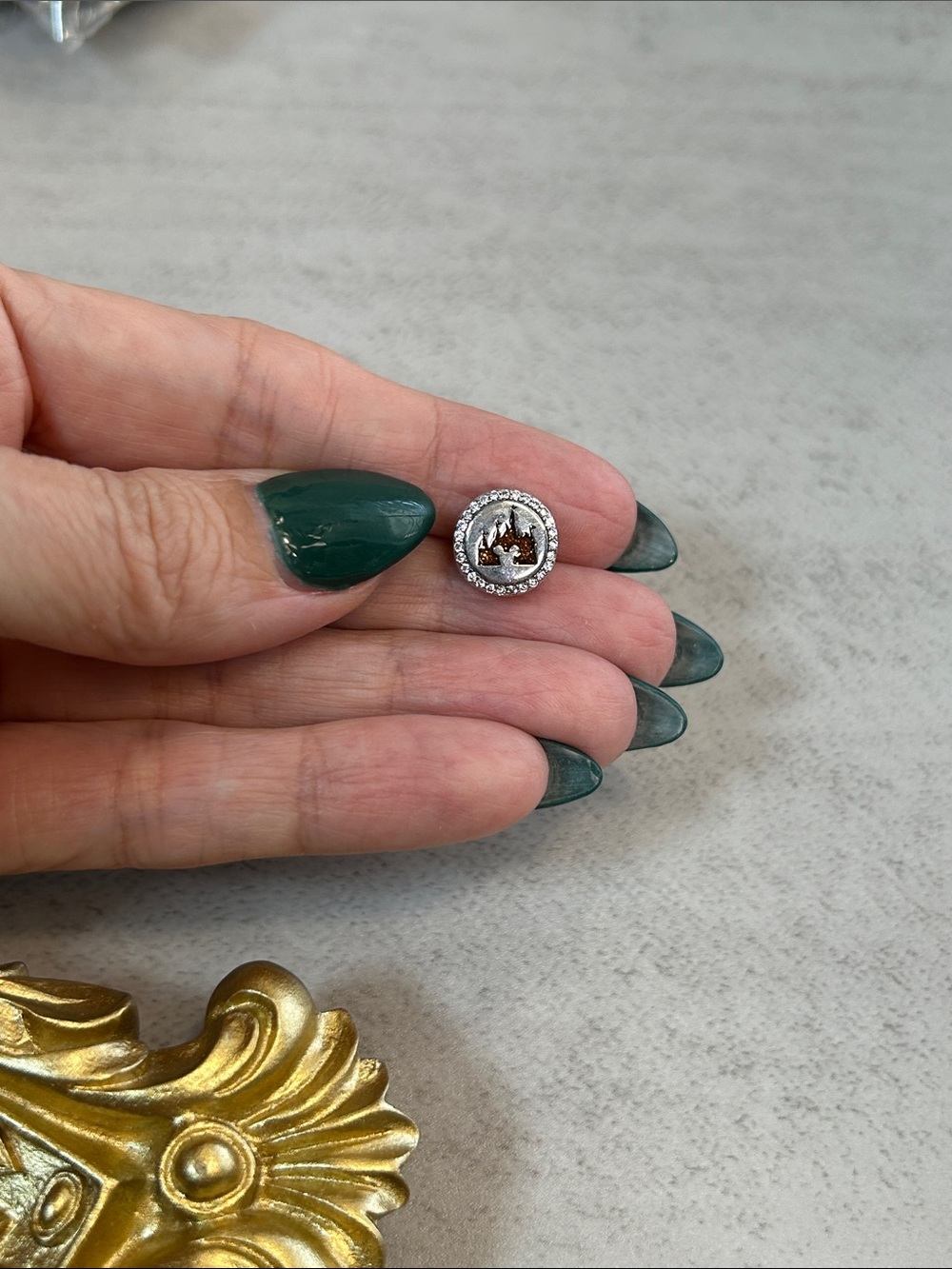 Pandora925 Sterling Silver Disney Round Charm with Glittery Gold Castle
